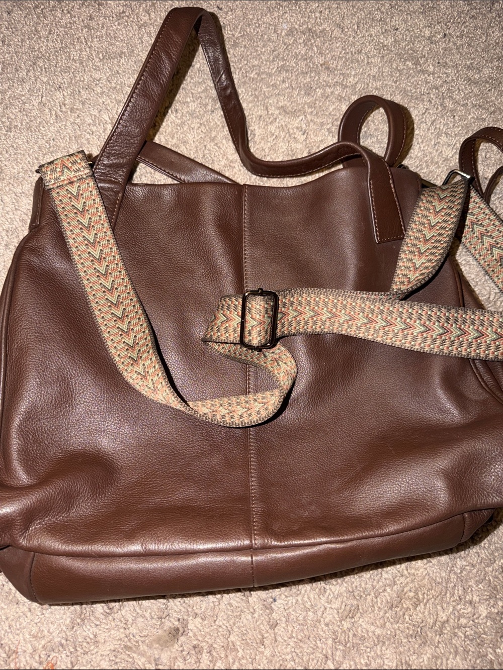 Gianni Conti Classic Brown Leather Tote Bag with Patterned Strap